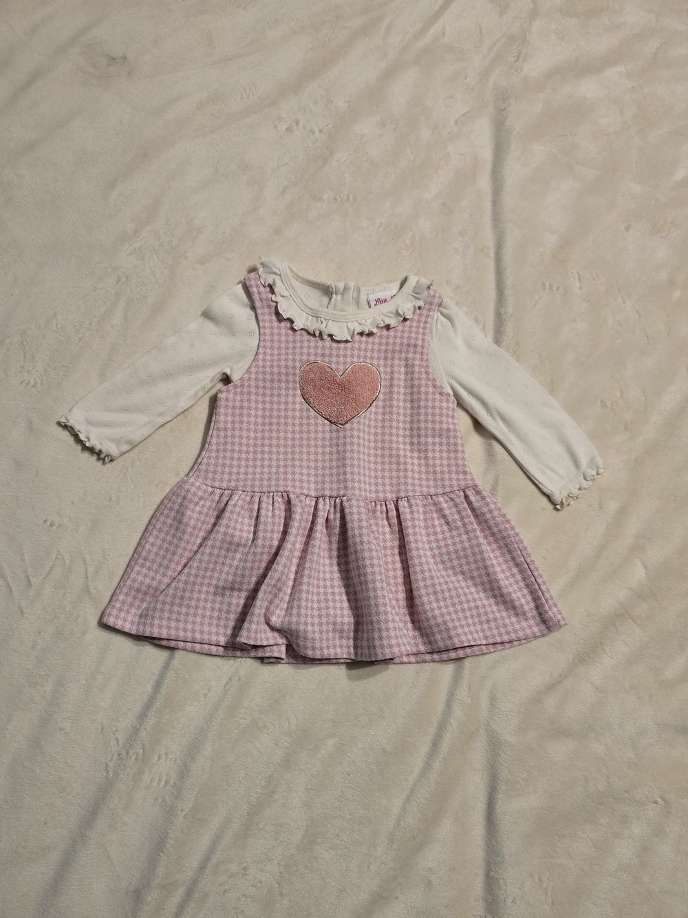 Little Lass Baby Pink Houndstooth Heart Baby Dress with Cream Top Size 12 Months